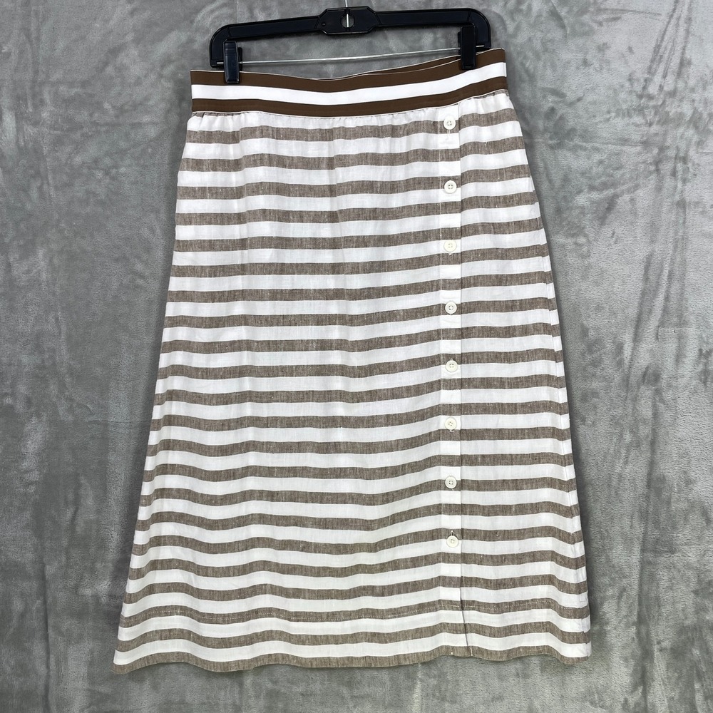 J. Jill Love Linen Striped Button Front Midi Skirt Womens Size M Petite Brown